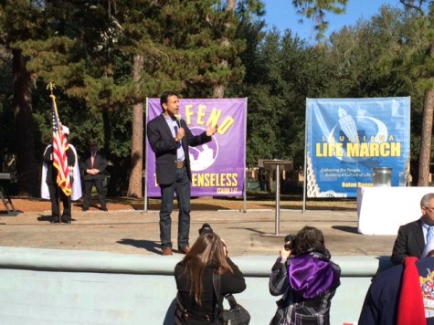 Gov. Jindal speaking before the march in the LSU amphitheater.
