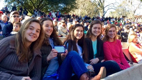 From left to right: Ashley Sellers (eighth grade MODG student), Caroline Stearns, Julie Campeaux (tenth grade MODG student), Lauren Sellers (tenth grade MODG student), and Kimberly Sellers (Eleventh grade MODG student) all listening to Governor Jindal speak. 