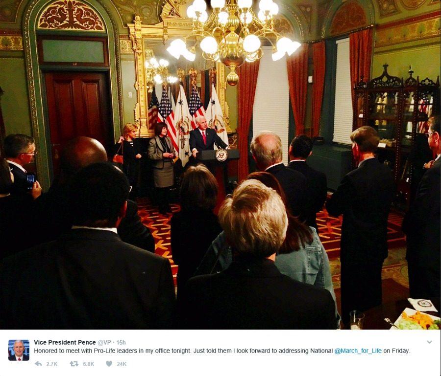 Vice President Mike Pence, speaking with pro-life leaders at the White House.  Photo credit:  Vice President Pences Twitter (@VP).