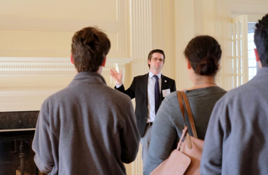 Senior Admission Counselor, Pat Cross, gives a tour of the New England campus at the open house. 