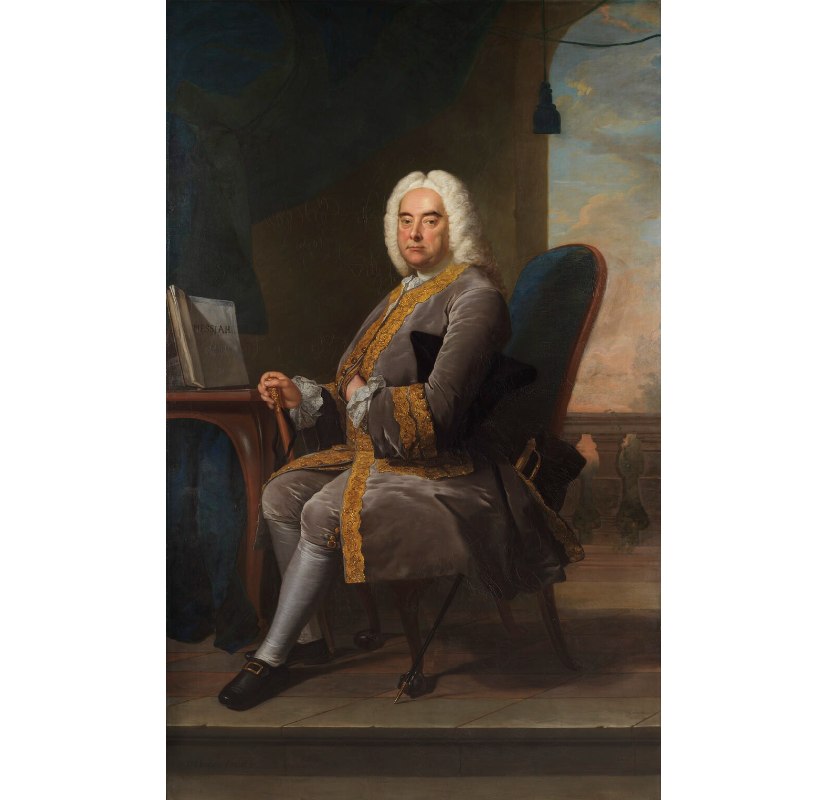 A portrait by James Hudson of George Friedrich Handel, with the score for the Messiah in front of him.