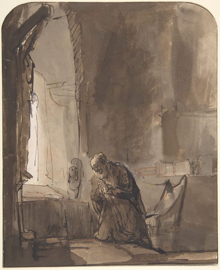 Saint Jerome Praying in His Study, by School of Rembrandt (Rembrandt Van Rijn).  

Public Domain, Sourced from  the Metropolitan Collection of Art