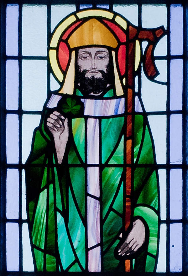 stained glass depicting St. Patrick at a church in Ireland. CC BY-SA 4.0