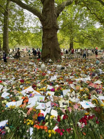 Flowers and notes in commemoration of Queen Elizabeth II lay beneath a tree in England.