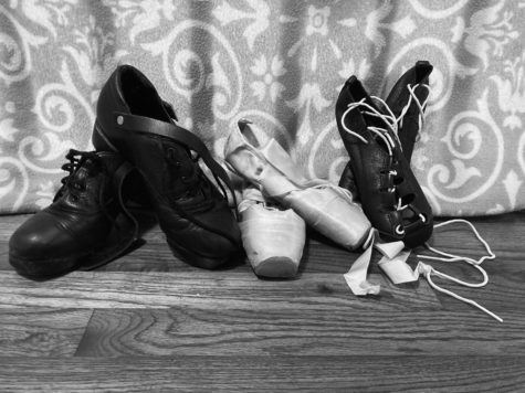 (from left to right) Irish hard shoes, pointe shoes, Irish soft shoes