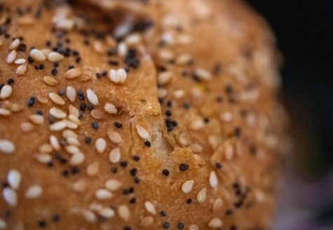 A sesame and poppy seed hamburger bun.