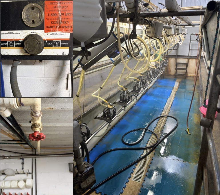When milking is finally done everything is shut down, the dial is switched back to wash, and the water is turned off. Then, the parlor and milkers get all cleaned up. 